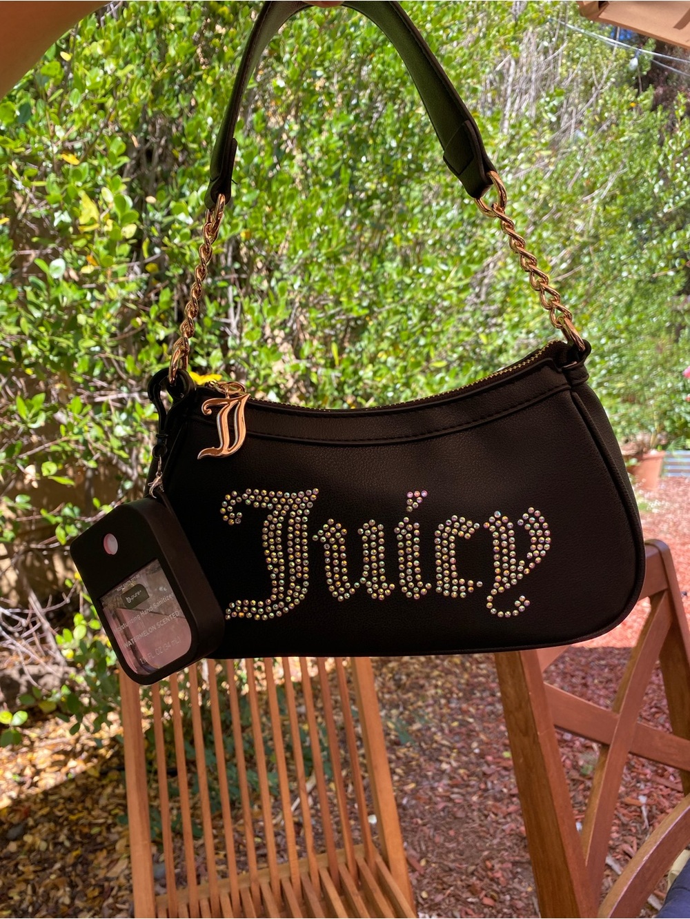 Juicy Couture Black Rhinestone Logo Shoulder Bag with Gold Chain